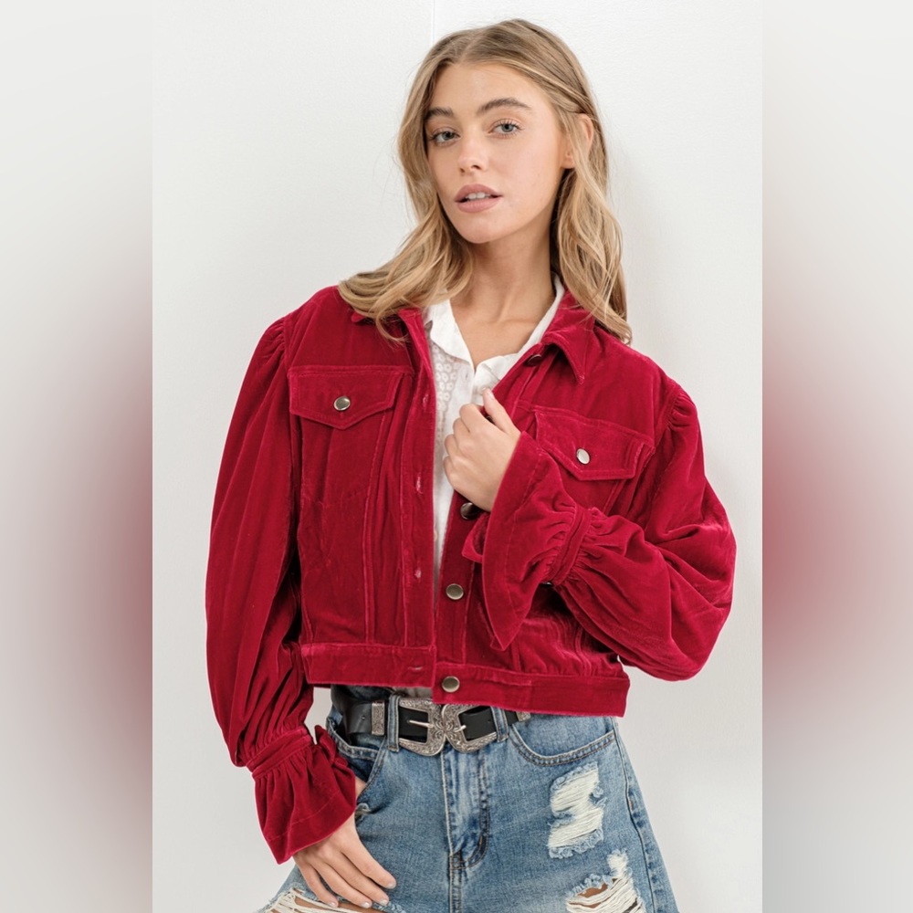 Velvet Puff Peet Sleeve Button Up Crop Jacket in Red - Picture 4 of 7